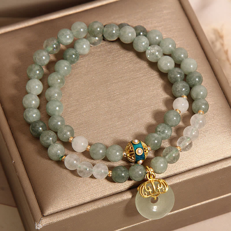 Bracelet double tour avec breloque porte-bonheur et boucle de paix en aventurine verte et pierres de Bouddha 