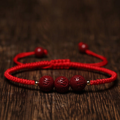Buddha Stones Handmade Cinnabar Om Mani Padme Hum Engraved Beads Blessing Braided Bracelet