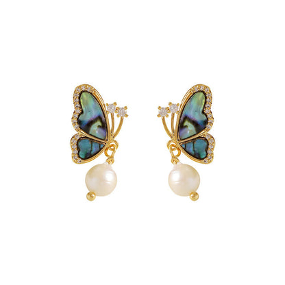 Buddha Stones 18K Gold Plated Copper Pearl Butterfly Love Stud Earrings
