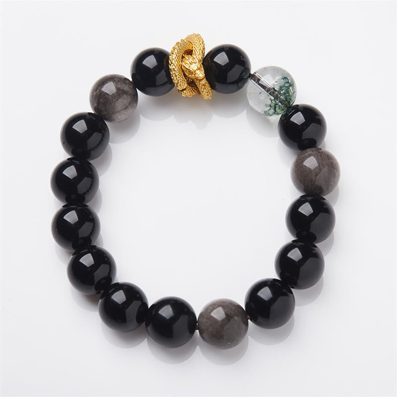 Bracelet de protection fantôme vert dragon en obsidienne naturelle argentée et brillante de Bouddha Stones 