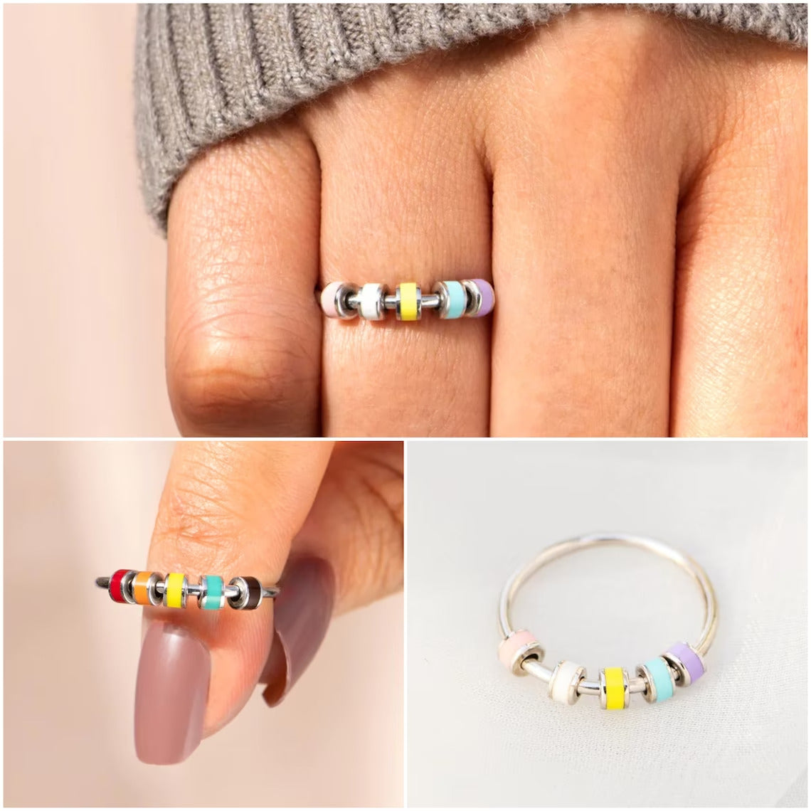 Spinnender Zappelring mit Emaille-Perlen