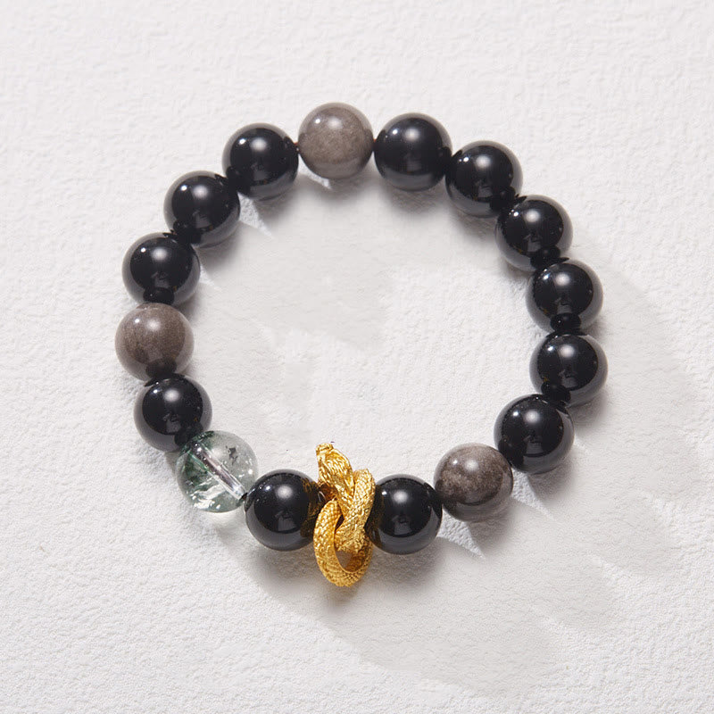 Bracelet de protection fantôme vert dragon en obsidienne naturelle argentée et brillante de Bouddha Stones 