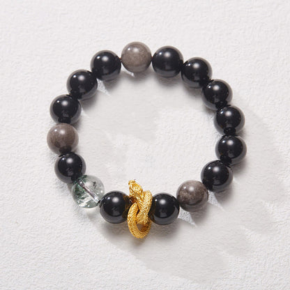 Bracelet de protection fantôme vert dragon en obsidienne naturelle argentée et brillante de Bouddha Stones 
