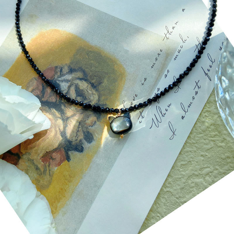 Collier ras du cou en spinelle noir avec pierres de Bouddha et motif chat mignon 