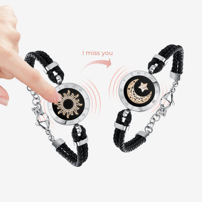 Bracelets tactiles Soleil et Lune avec corde en cuir tressé (noir + noir)