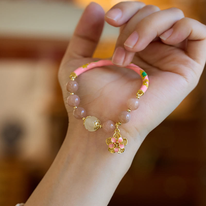 Bracelet jonc en jade et soie dorée, pierre naturelle de soleil, breloque en forme de fleur de Bouddha 