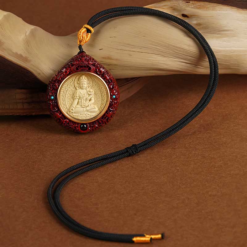 Buddha Stones Chinese Zodiac Avalokitesvara Small Leaf Red Sandalwood Ebony Longevity Necklace Pendant