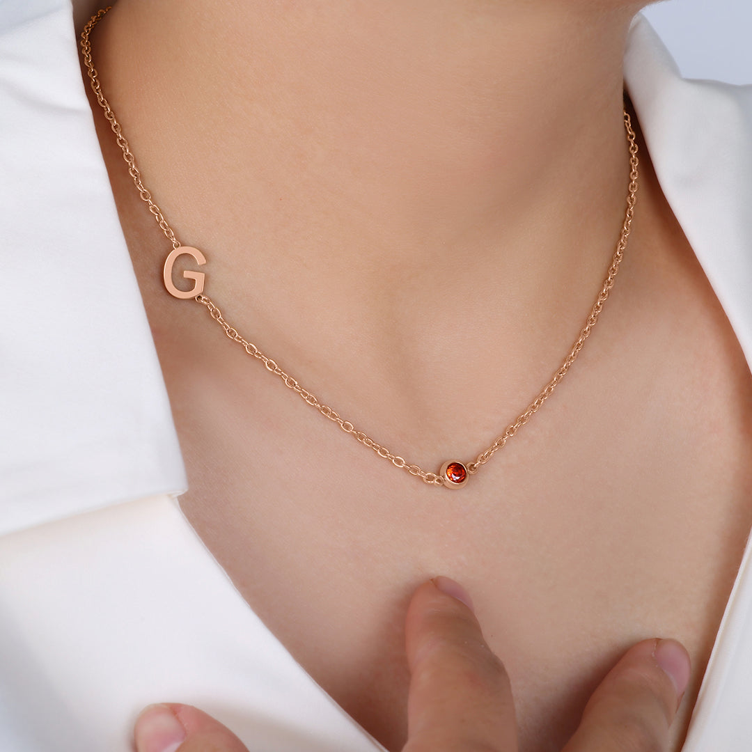 Initial Necklace with Birthstone Accent