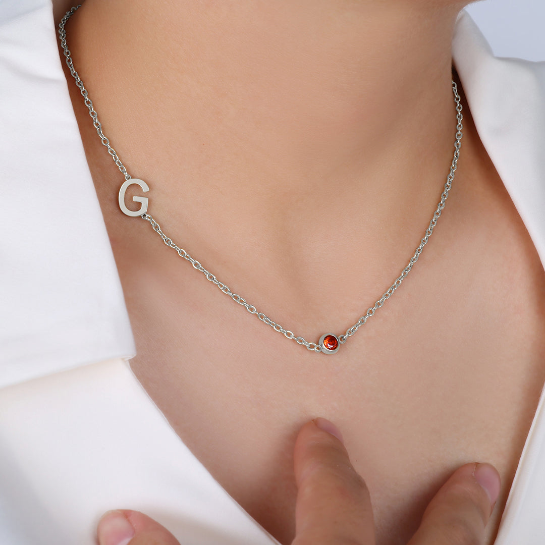 Initial Necklace with Birthstone Accent