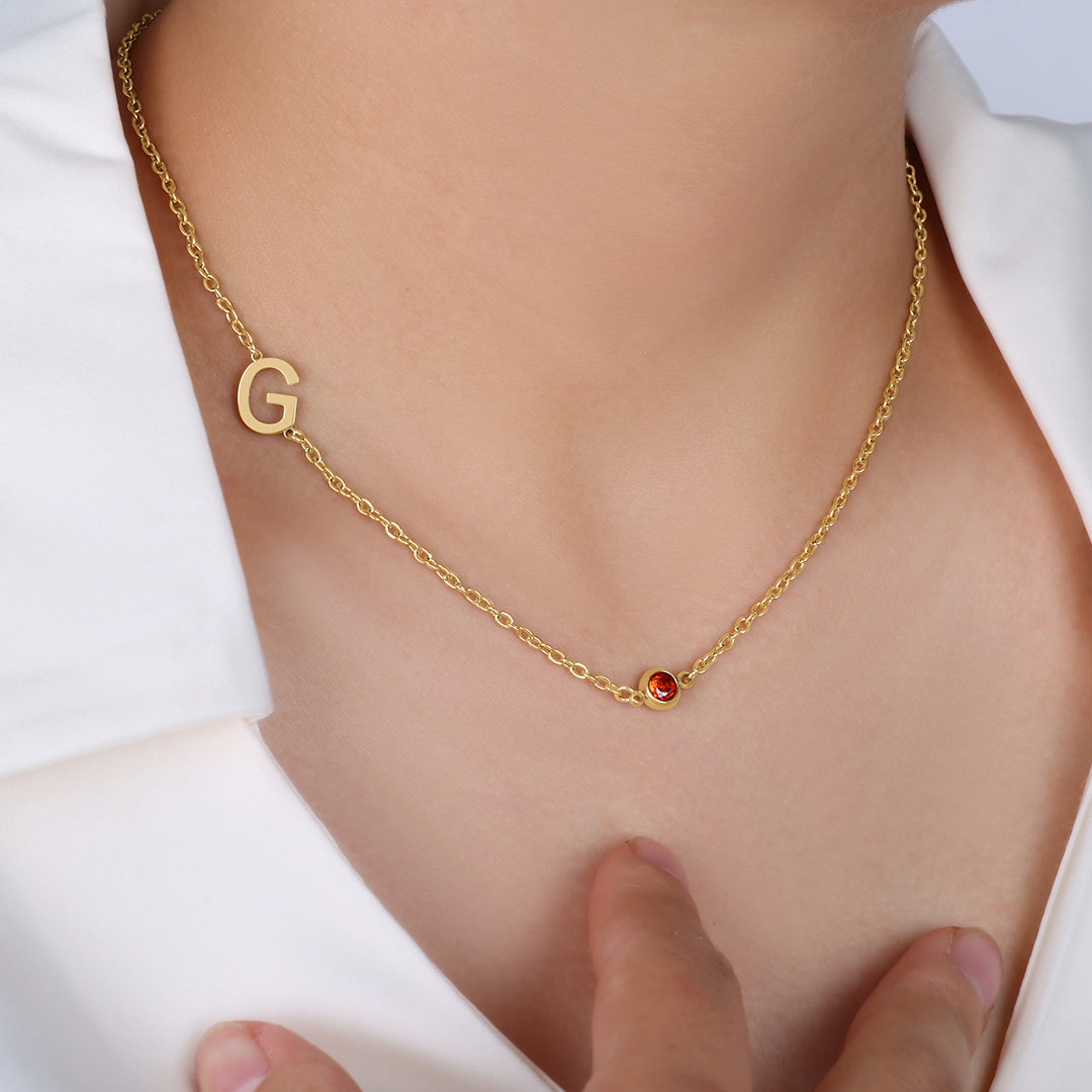 Initial Necklace with Birthstone Accent