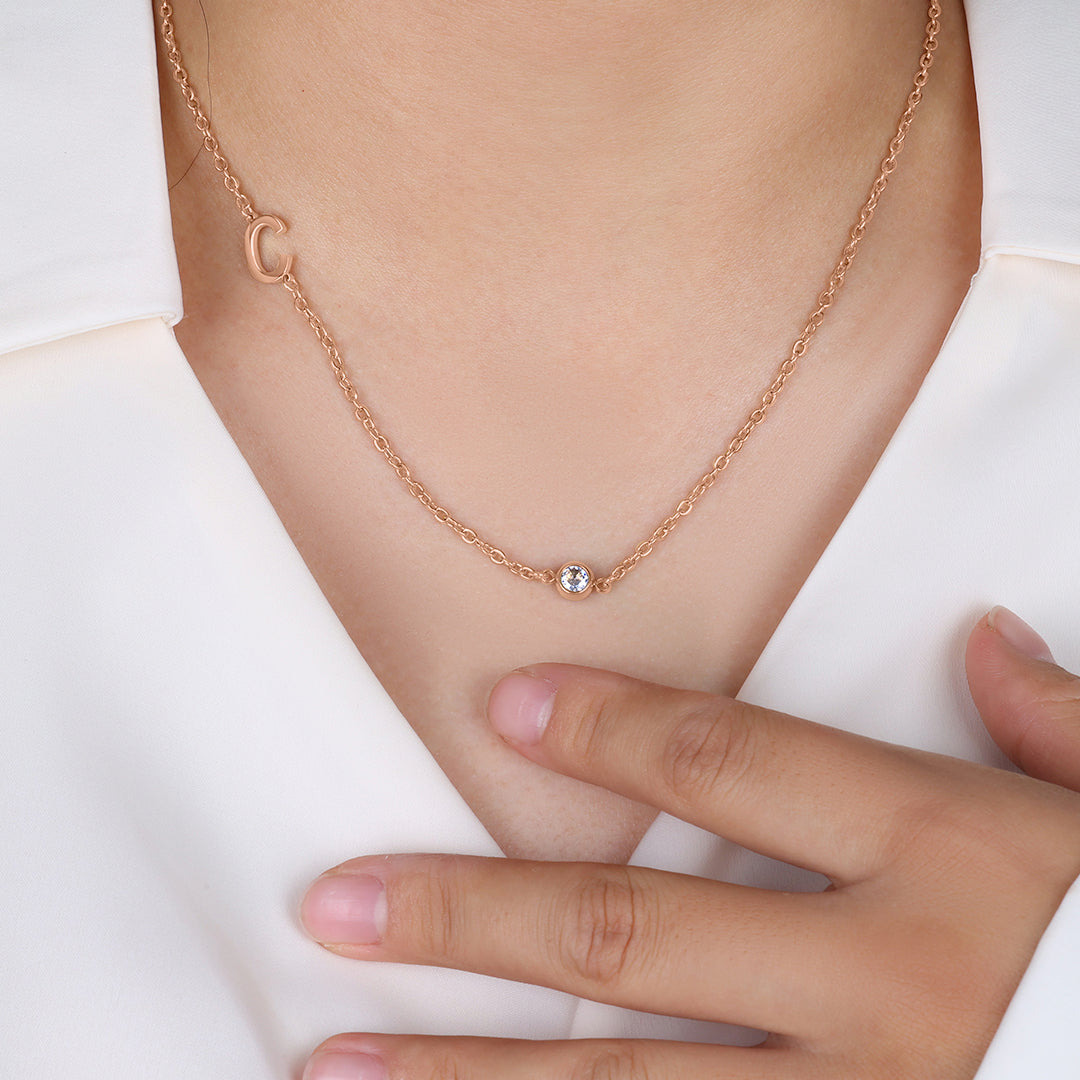 Initial Necklace with Birthstone Accent