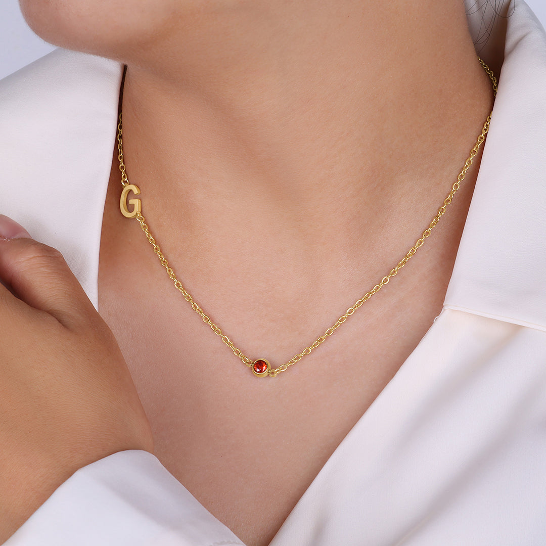 Initial Necklace with Birthstone Accent