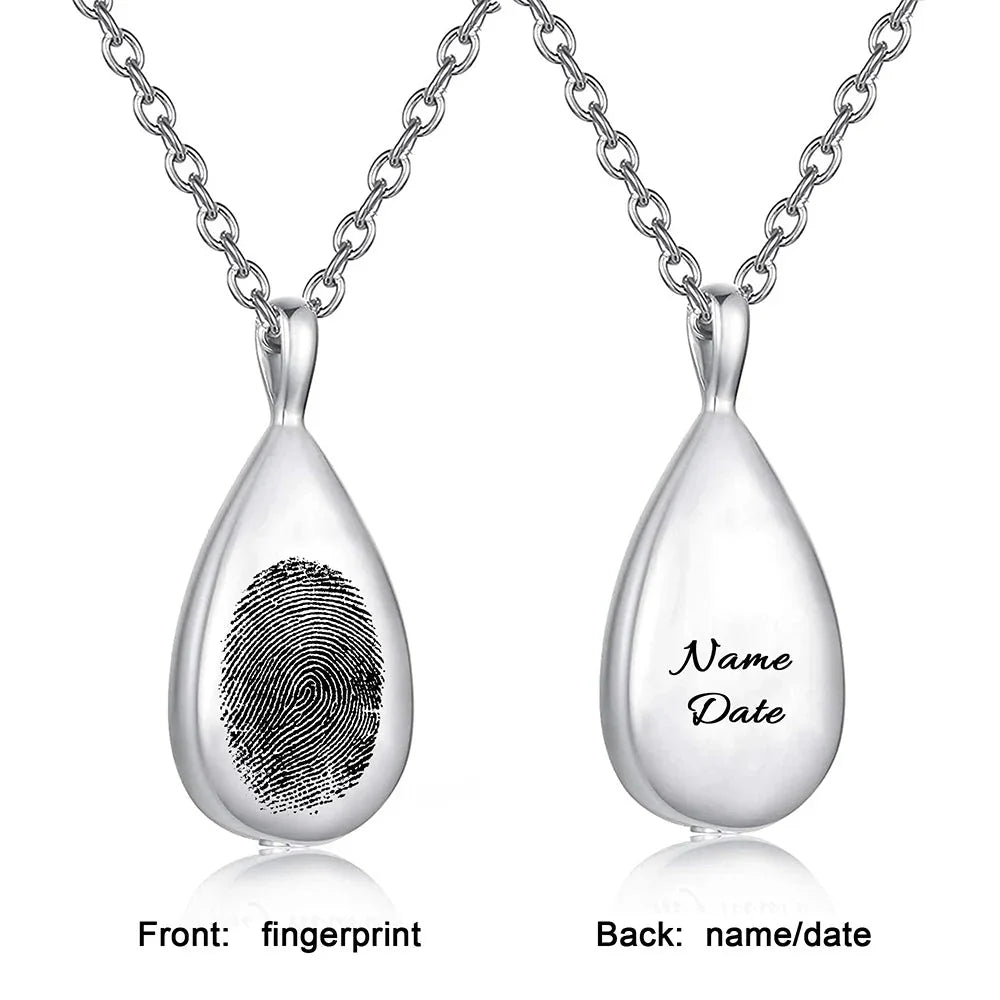 Collier en forme de larme avec empreinte digitale et gravure pour cendres 