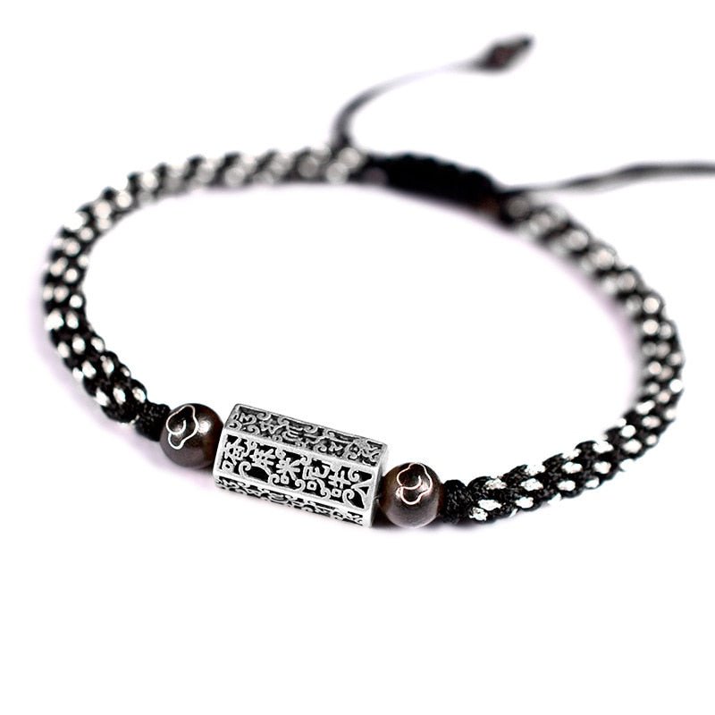 Handwoven Silver Tibetan Six Words Mantra Lucky Bracelet