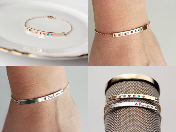 Bracelet avec pierre de naissance gravée : barre fine
