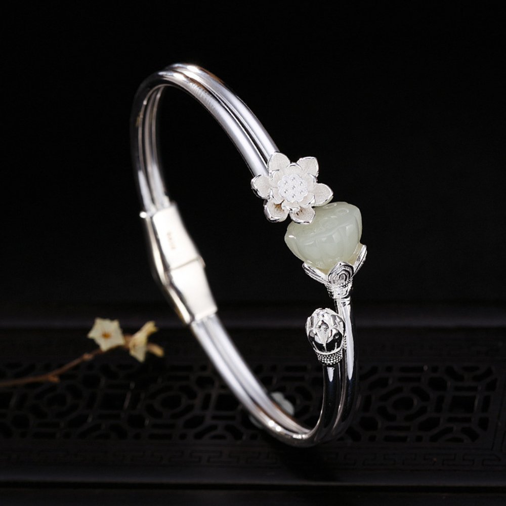Lotus Jade Silver Bangle