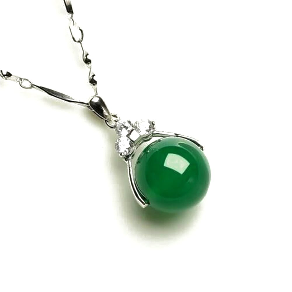 Natural Green Jade Money Wealth Ball Silver Necklace