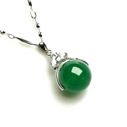 Natural Green Jade Money Wealth Ball Silver Necklace