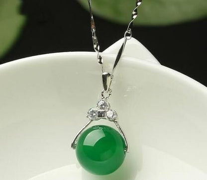 Natural Green Jade Money Wealth Ball Silver Necklace