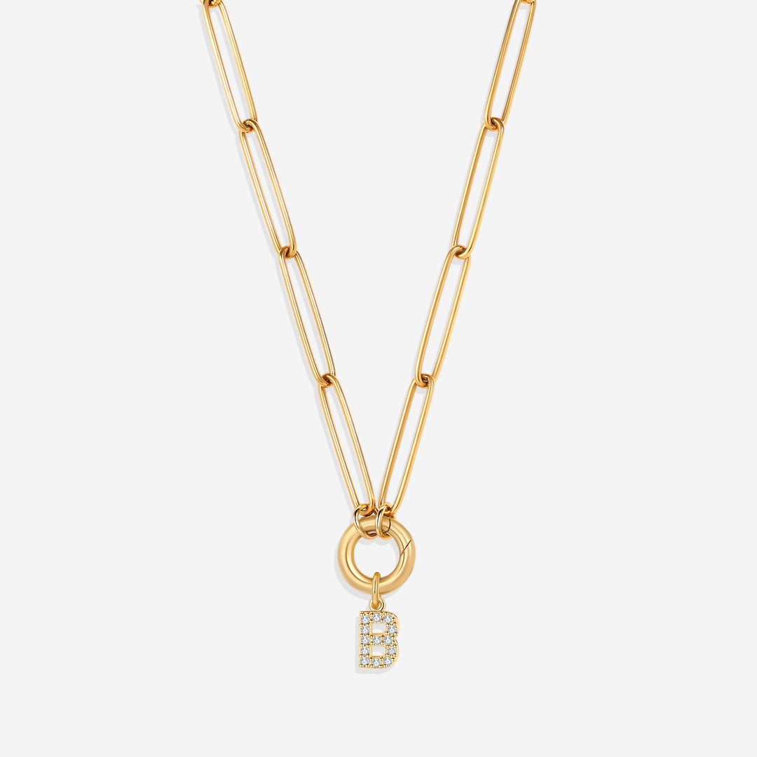 Pave Initial Charm with Charm Clasp Necklace