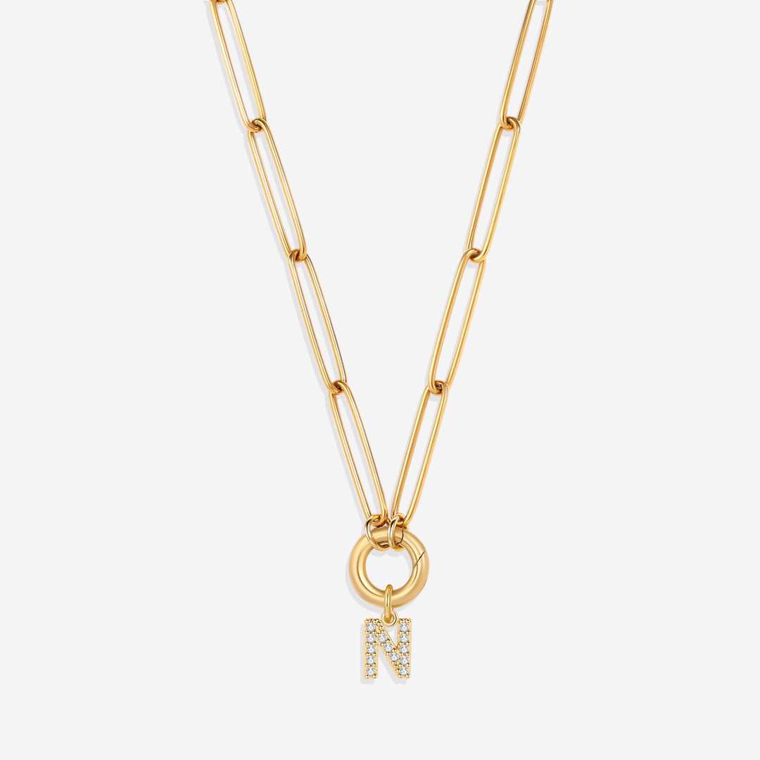 Pave Initial Charm with Charm Clasp Necklace