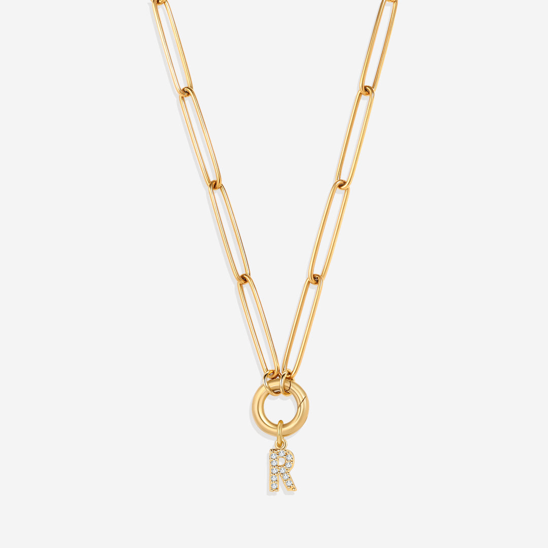 Pave Initial Charm with Charm Clasp Necklace