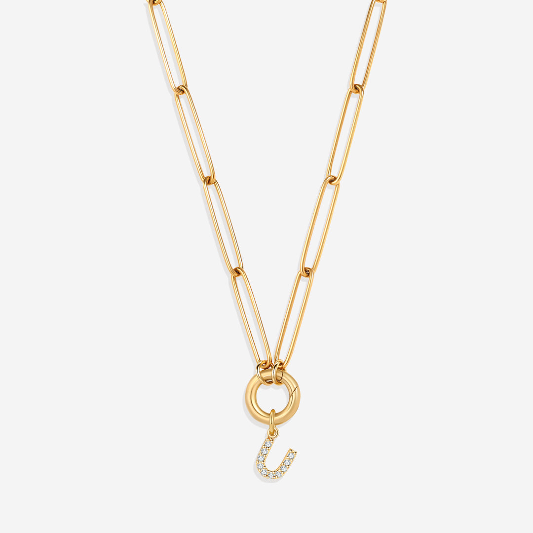 Pave Initial Charm with Charm Clasp Necklace