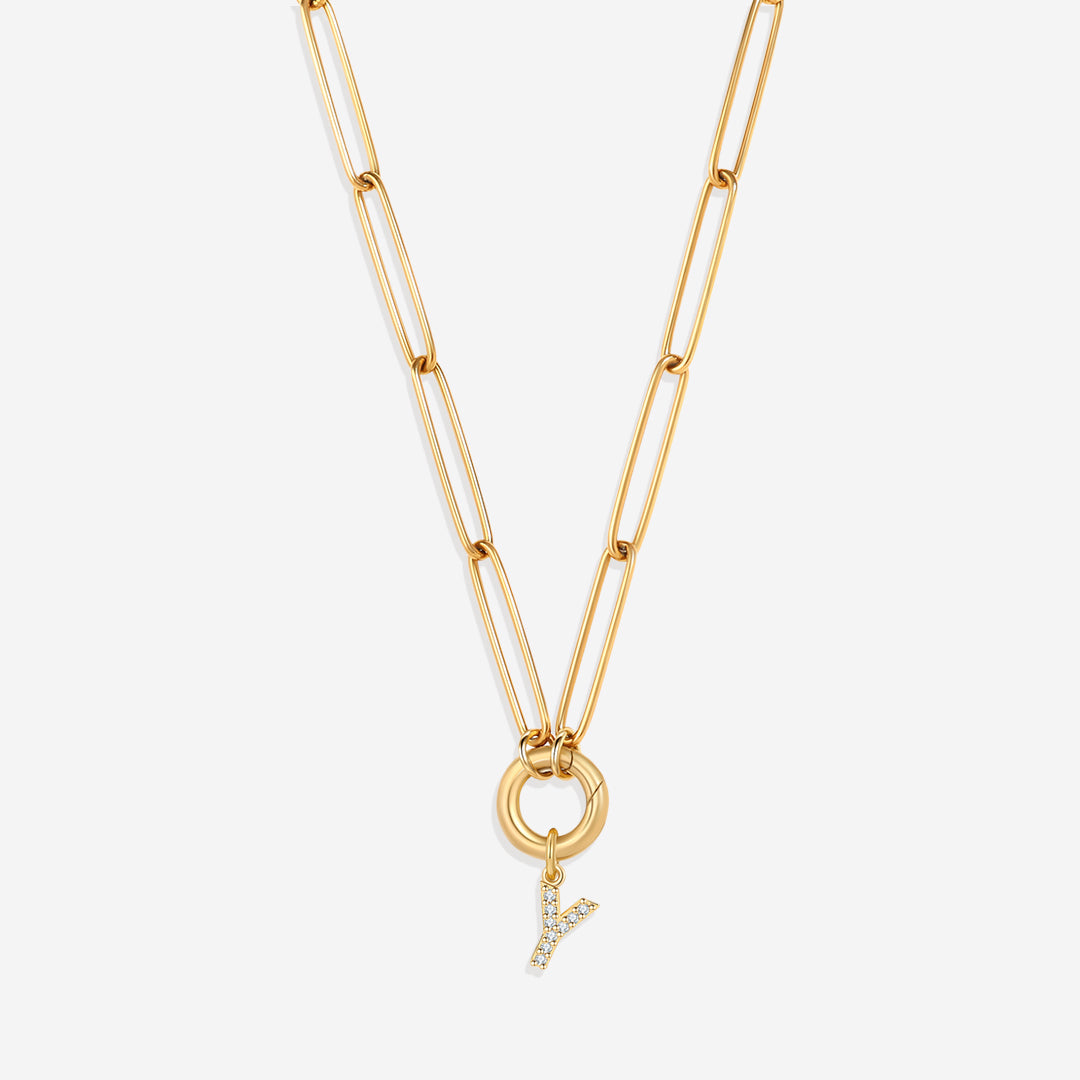 Pave Initial Charm with Charm Clasp Necklace