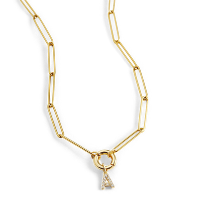 Pave Initial Charm with Charm Clasp Necklace