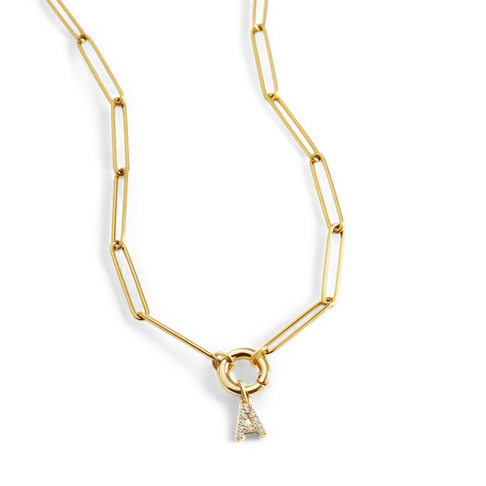 Pave Initial Charm with Charm Clasp Necklace