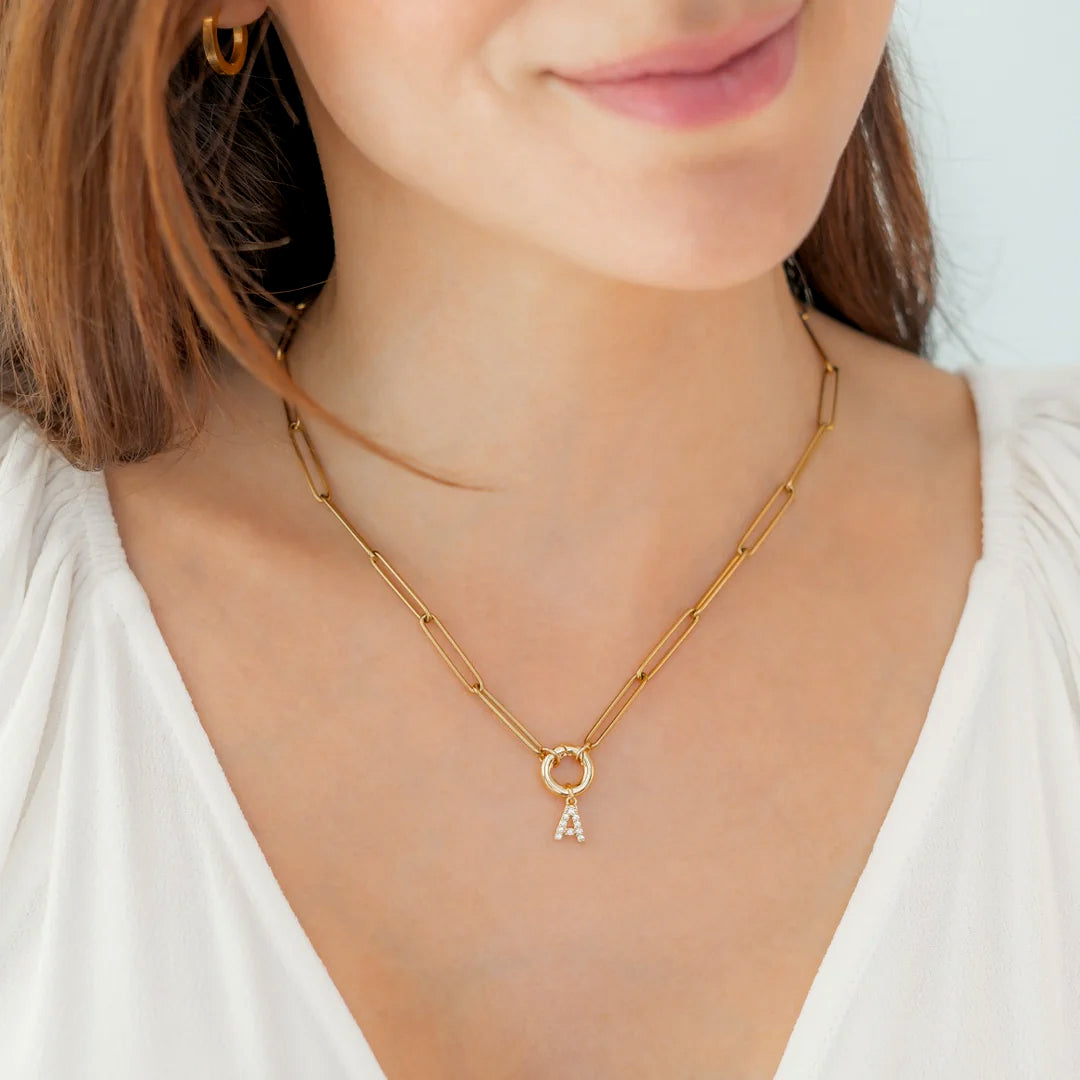Pave Initial Charm with Charm Clasp Necklace