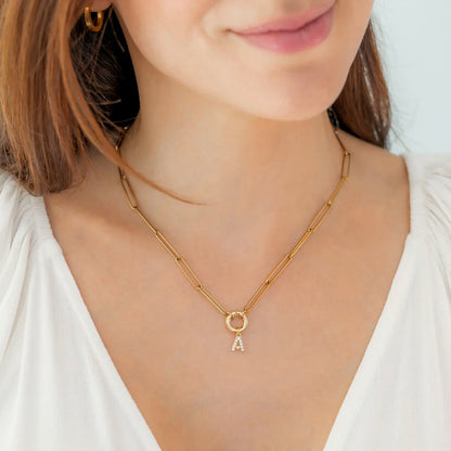 Pave Initial Charm with Charm Clasp Necklace