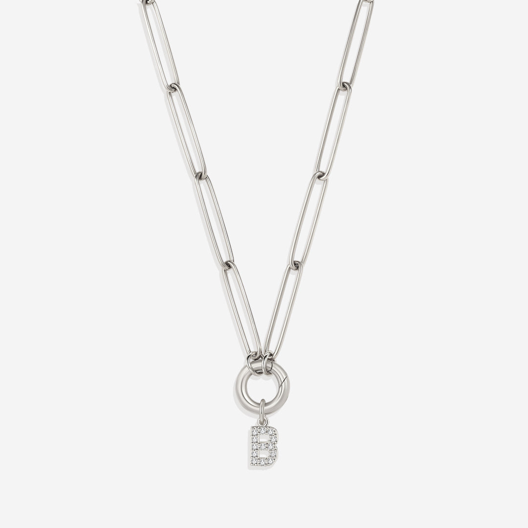 Pave Initial Charm with Charm Clasp Necklace