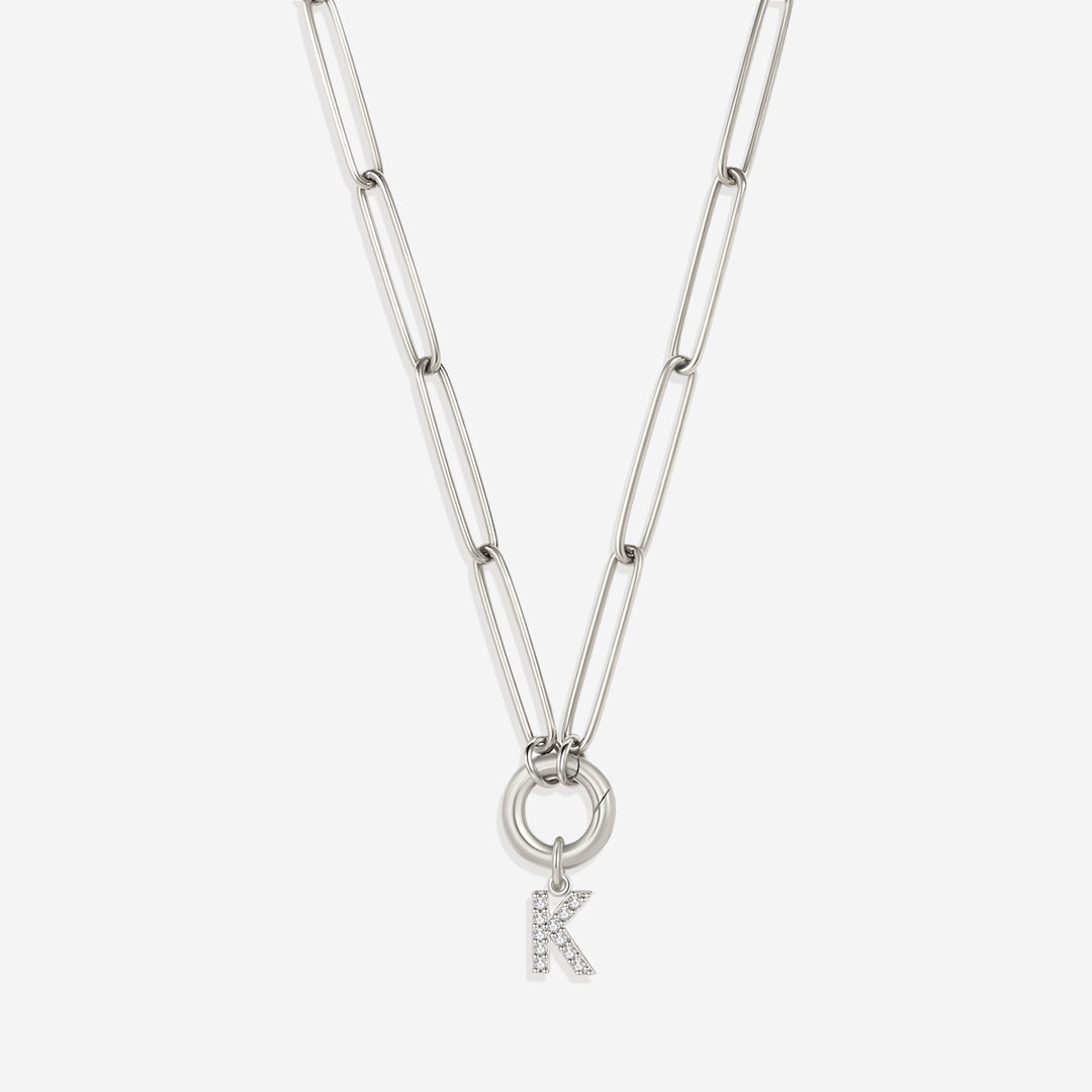 Pave Initial Charm with Charm Clasp Necklace