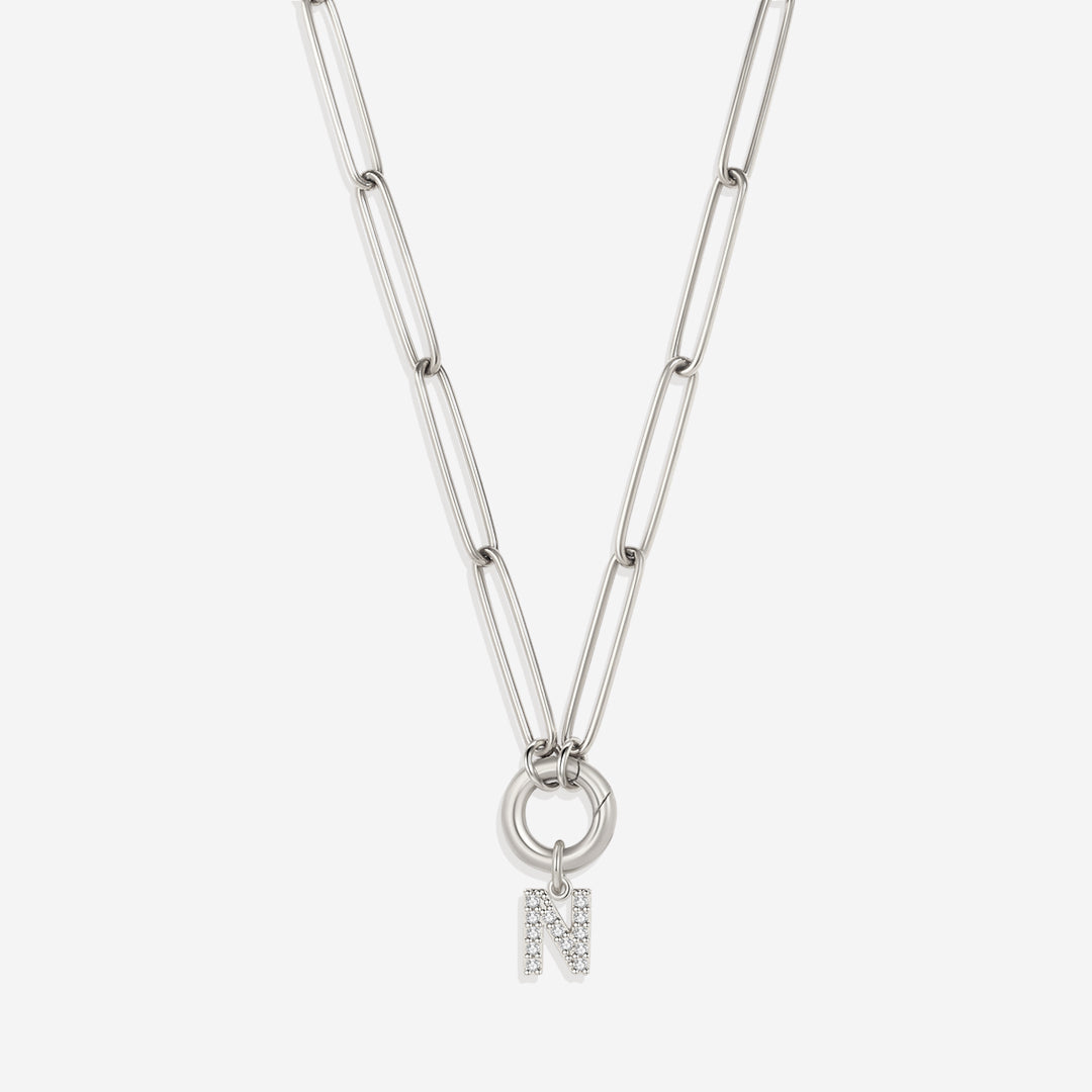 Pave Initial Charm with Charm Clasp Necklace