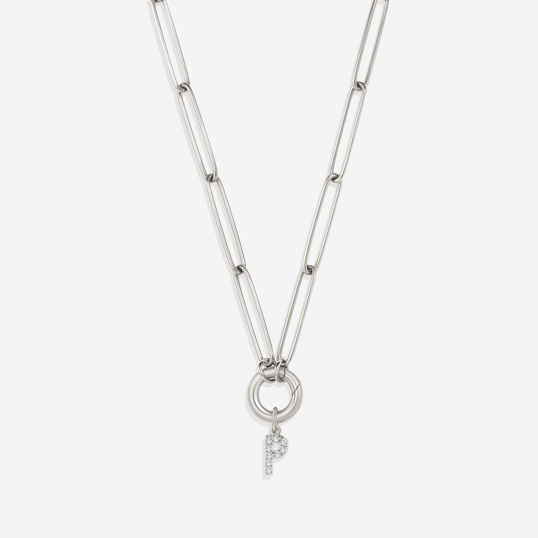 Pave Initial Charm with Charm Clasp Necklace