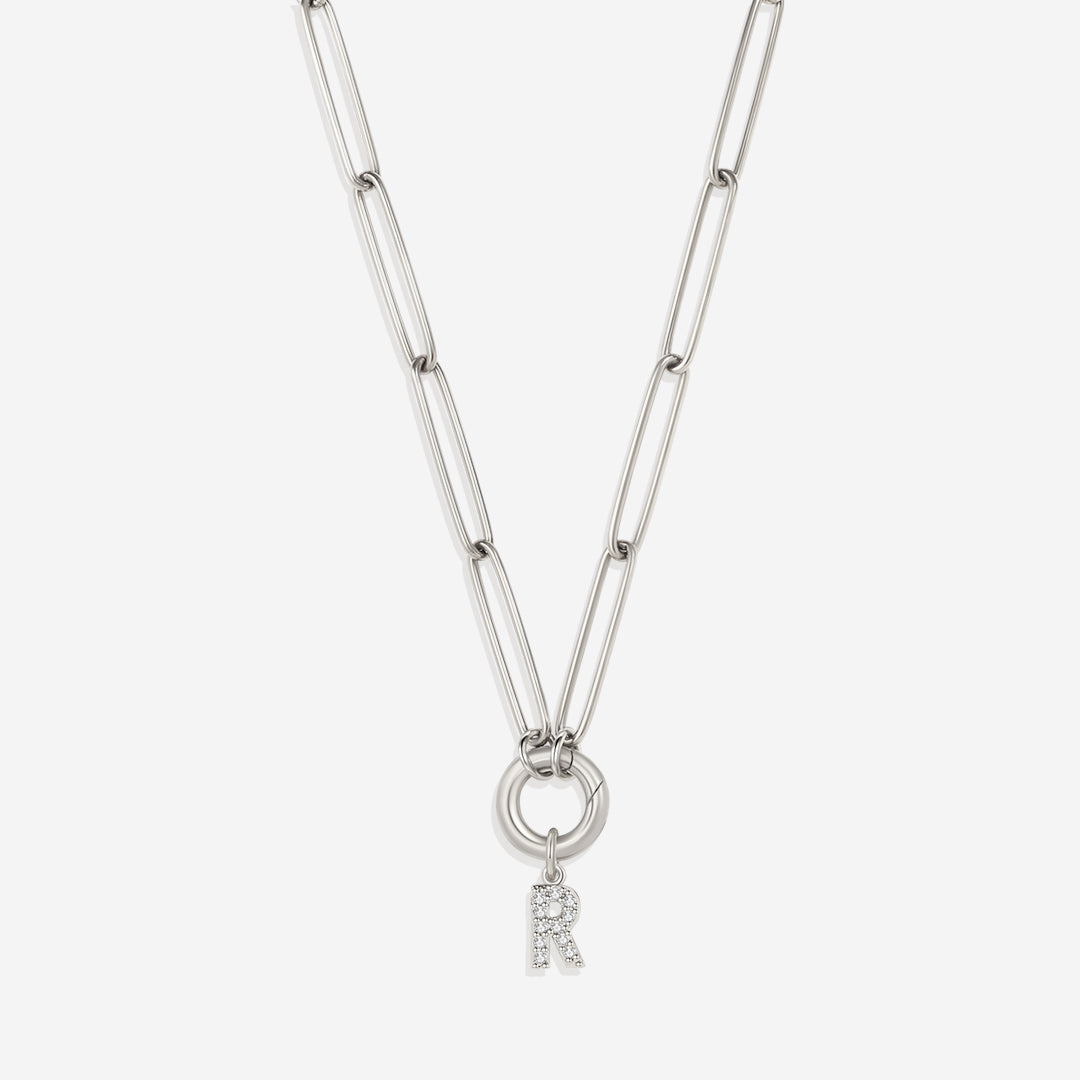 Pave Initial Charm with Charm Clasp Necklace