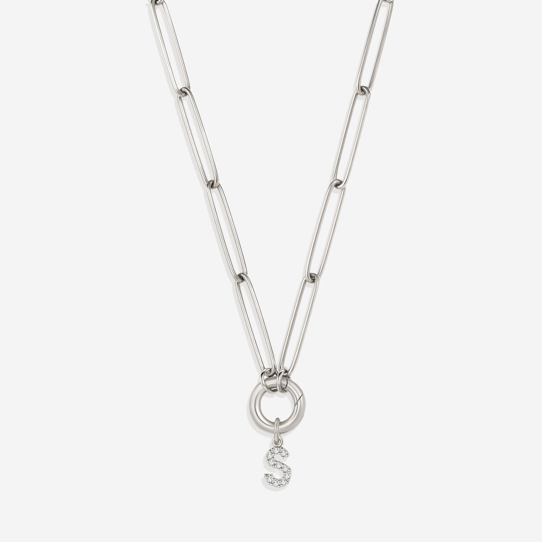 Pave Initial Charm with Charm Clasp Necklace