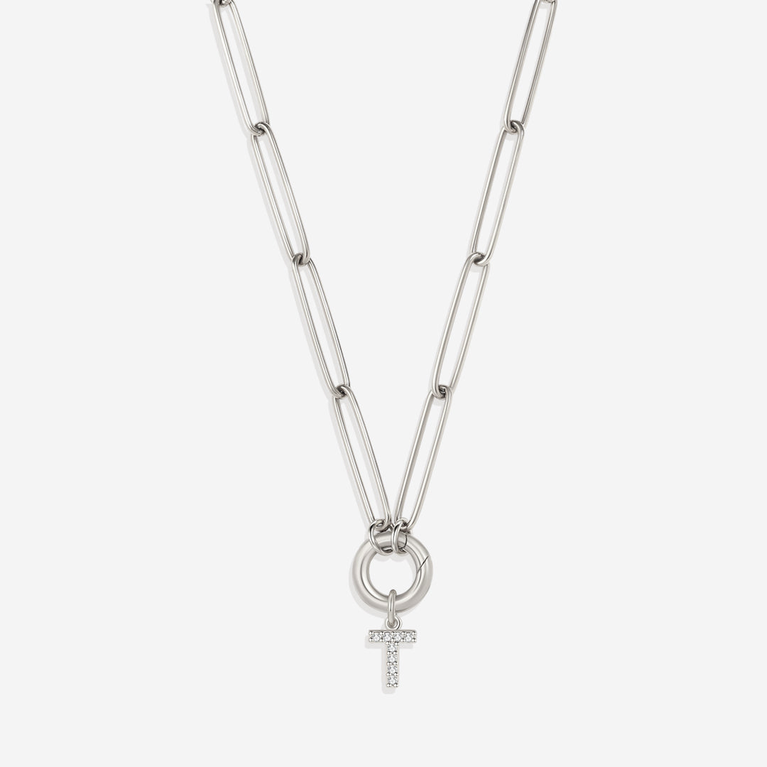 Pave Initial Charm with Charm Clasp Necklace