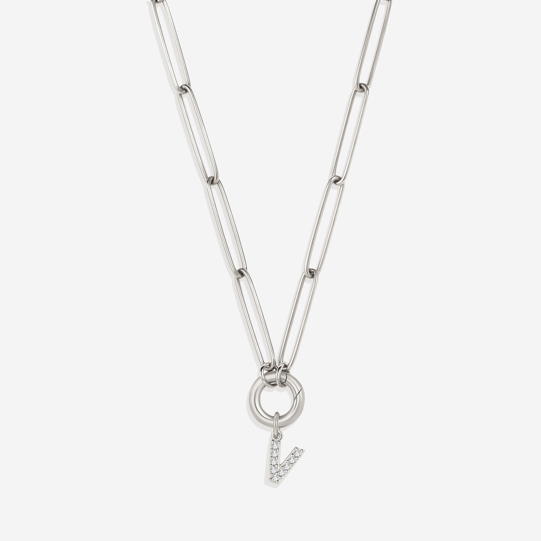 Pave Initial Charm with Charm Clasp Necklace