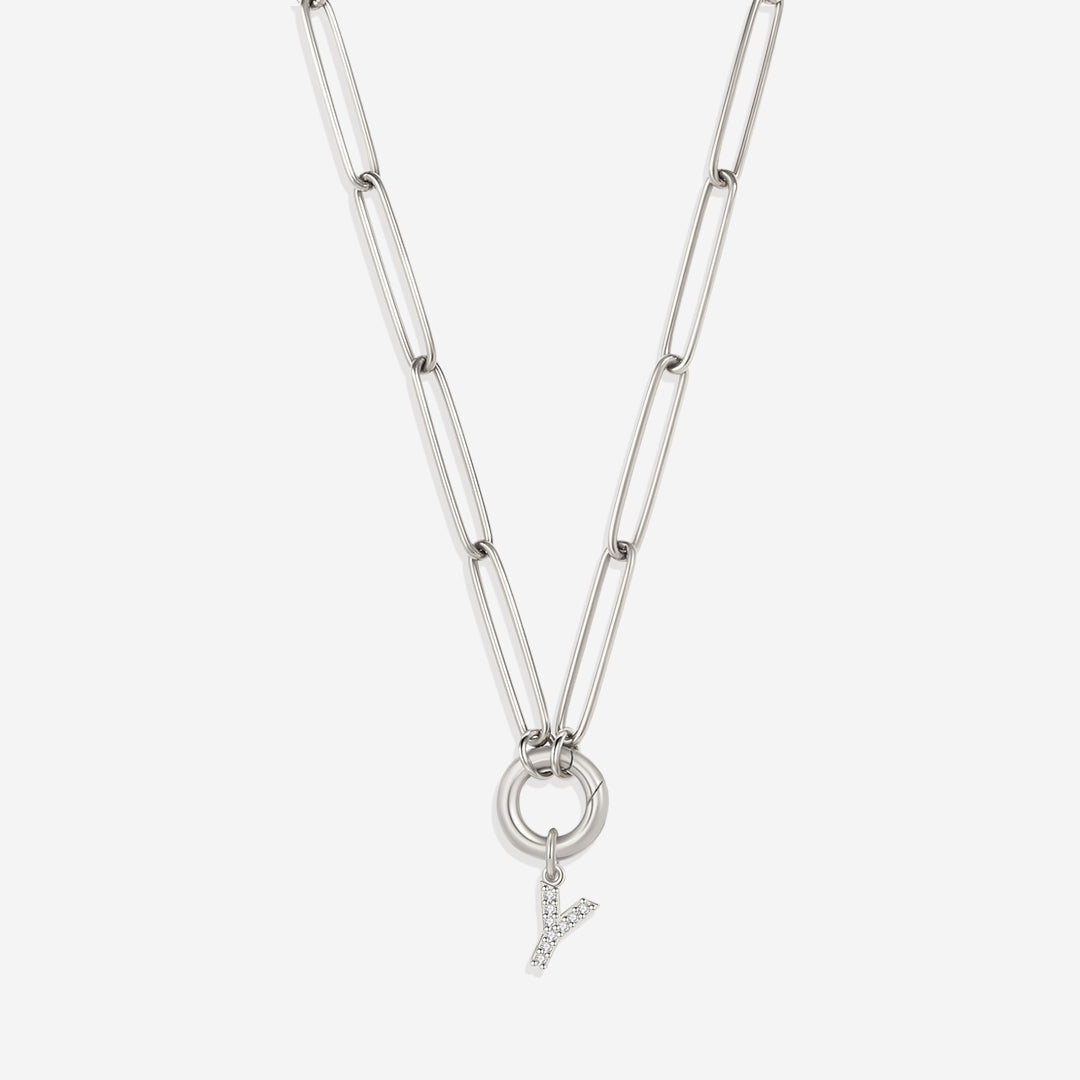 Pave Initial Charm with Charm Clasp Necklace