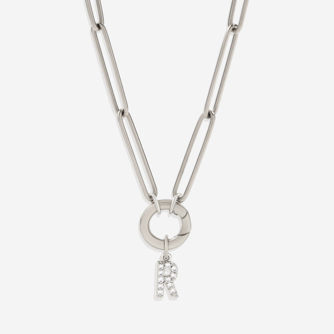 Pave Initial Charm with Charm Clasp Necklace