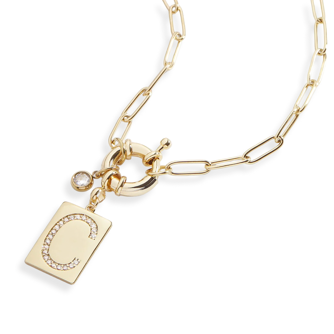 Collier pendentif initial pavé avec chaîne trombone