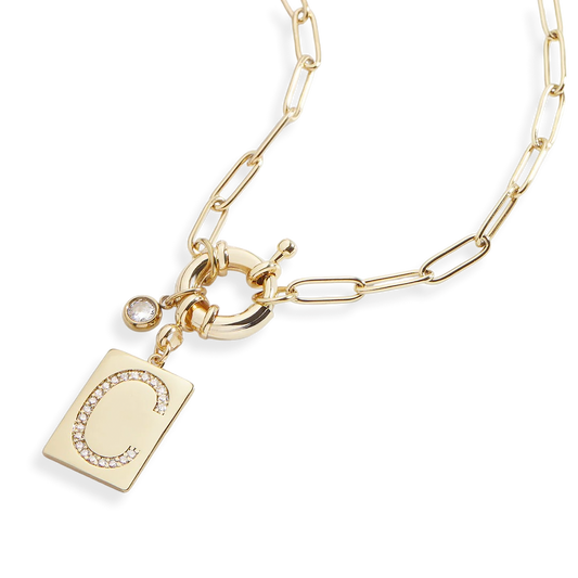 Collier pendentif initial pavé avec chaîne trombone