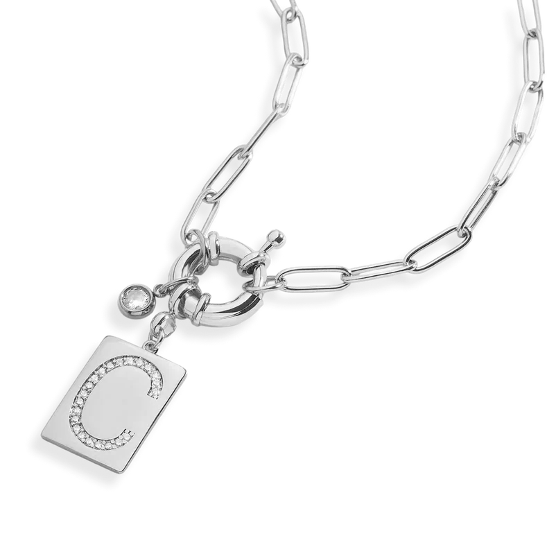 Pave Initial Pendant Necklace with Paperclip Chain