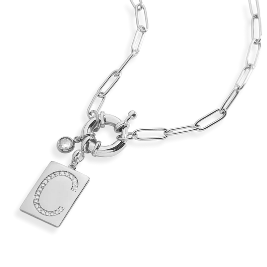 Pave Initial Pendant Necklace with Paperclip Chain