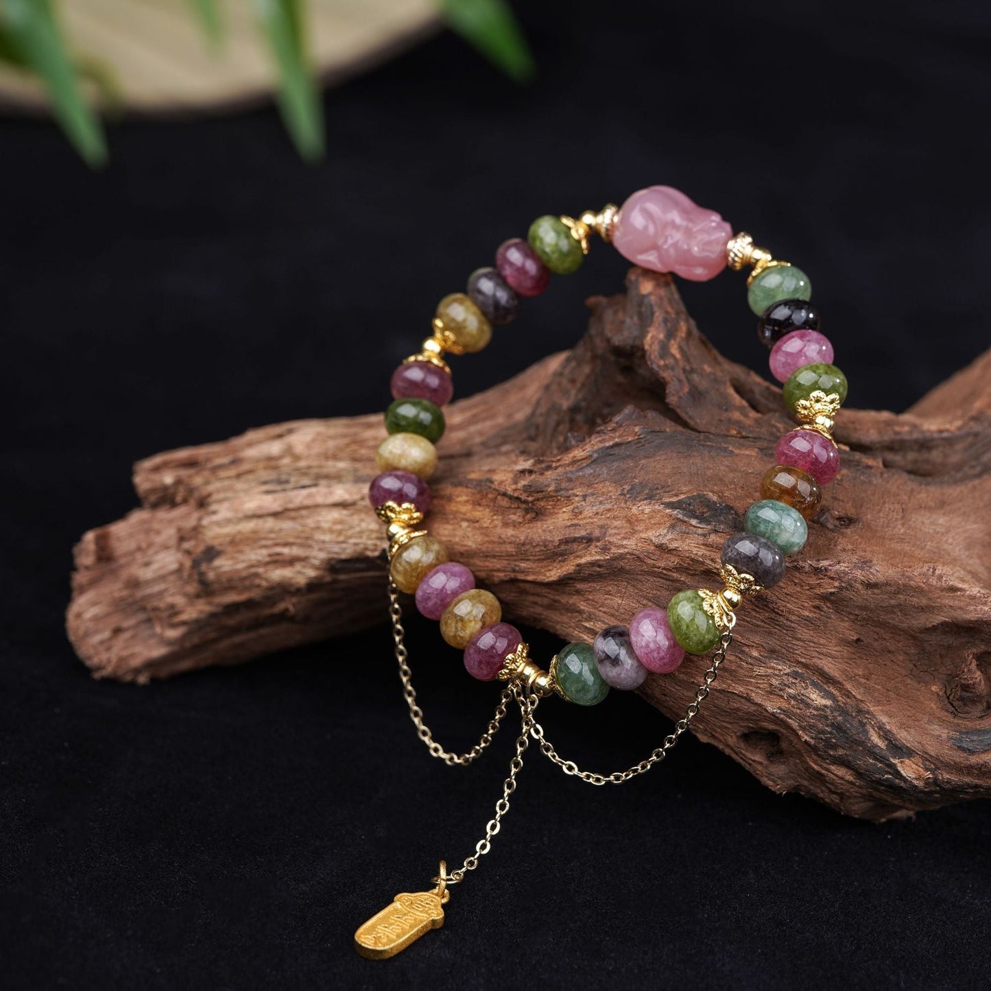 Pink Quartz and Tourmaline Charm Bracelet