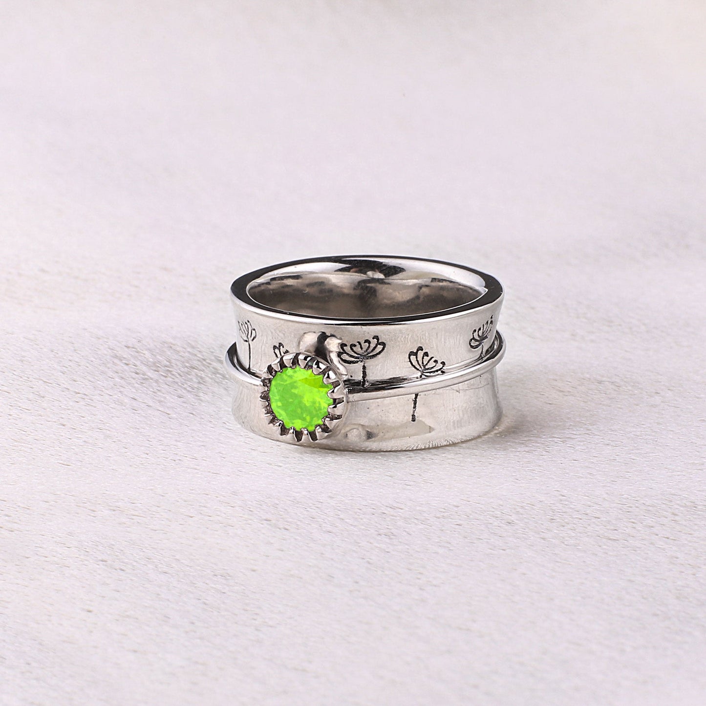 Bague Fidget Spinning Pissenlit Argent Pierre de Naissance