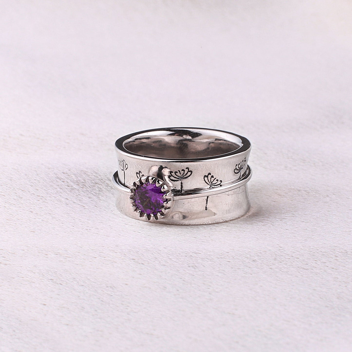 Bague Fidget Spinning Pissenlit Argent Pierre de Naissance
