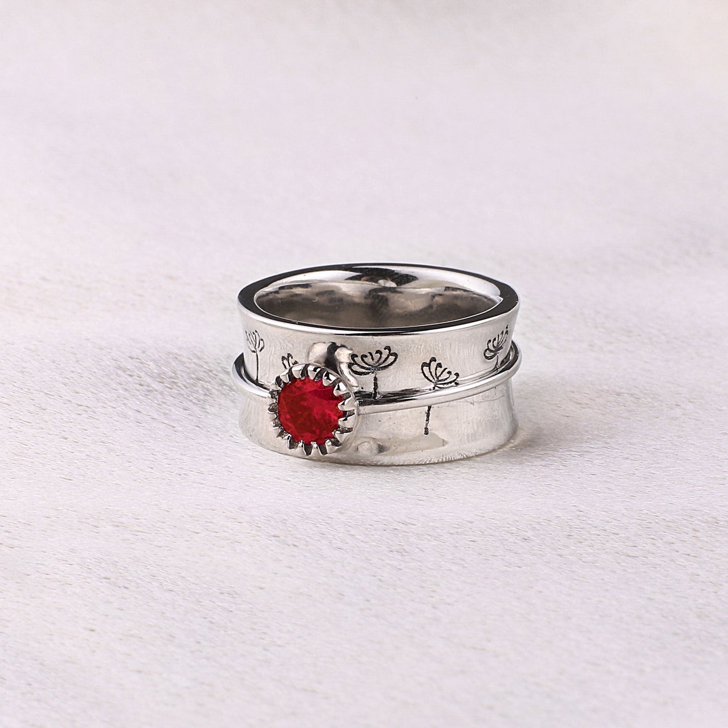 Bague Fidget Spinning Pissenlit Argent Pierre de Naissance